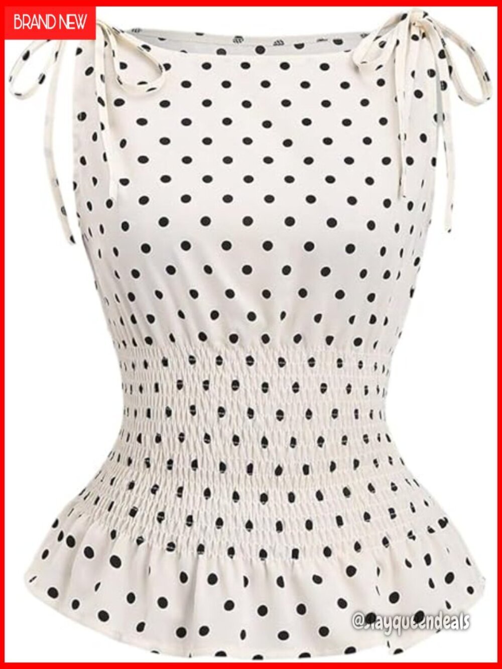 Polka Dot Boat Neck Tank Top with Ruffle Tie Shoulder Smocked Waist